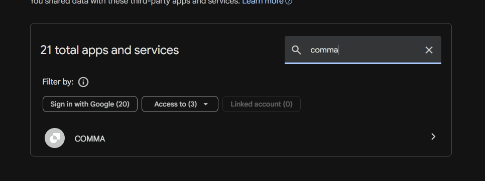 Searching "comma" in the connections list surfaces the COMMA app under "Access to"
