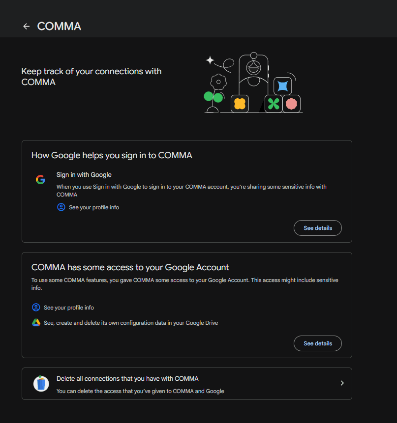 The COMMA page, with "Delete all connections that you have with COMMA" at the bottom