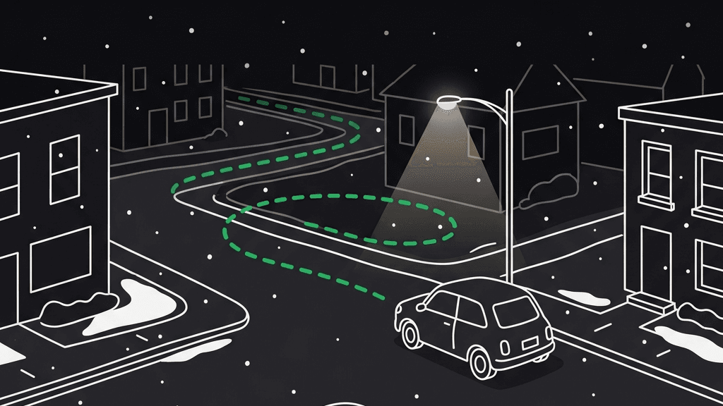 A quiet street on a winter night, with a shift's GPS trail winding through it — a shift as Comma sees it
